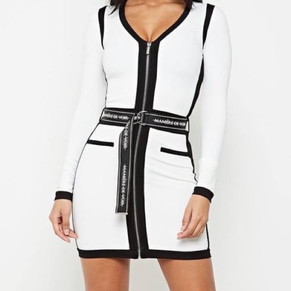 Maniere De Voir Black and White Zip Front Contrast Mini Dress